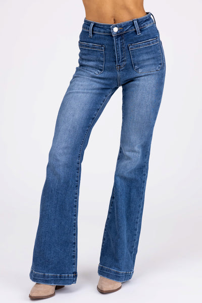 Risen Dark Wash Patched Pocket Flare Leg Jeans