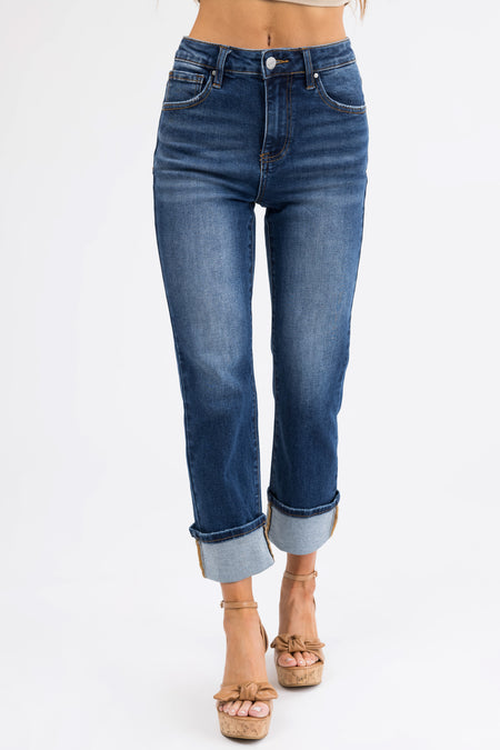 Risen Dark Wash Straight Leg Cuffed Jeans