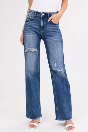 Risen Dark Wash Straight Leg Distressed Jeans