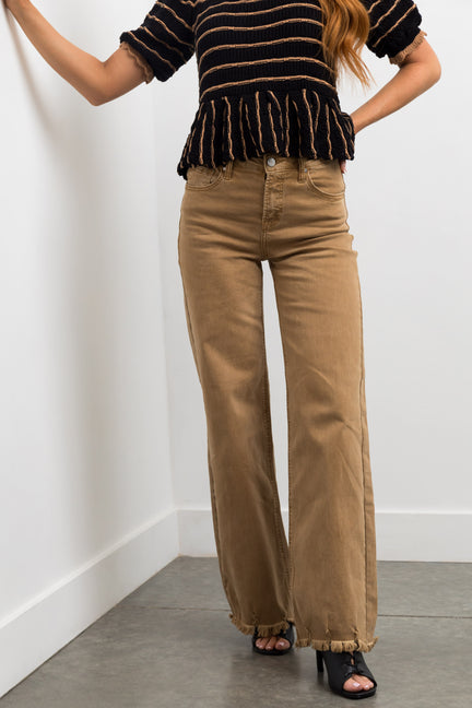 Risen Ivy Brown Sugar Wide Leg Distressed Hem Jeans