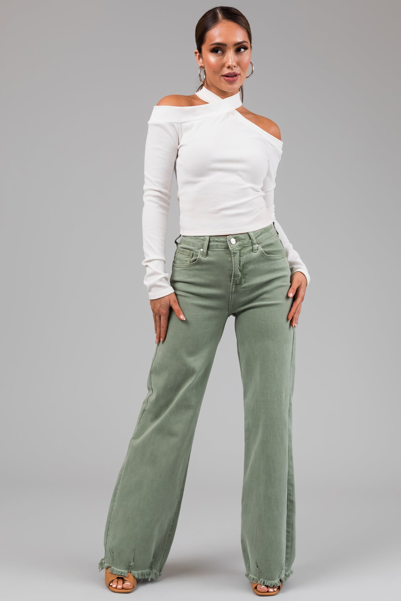 Risen Ivy Sage Wide Leg Distressed Hem Jeans