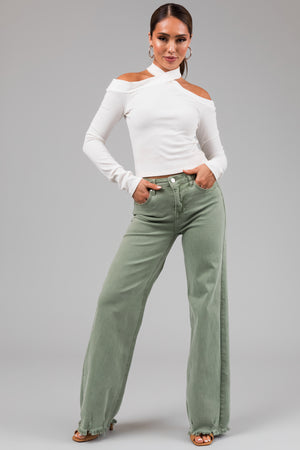 Risen Ivy Sage Wide Leg Distressed Hem Jeans