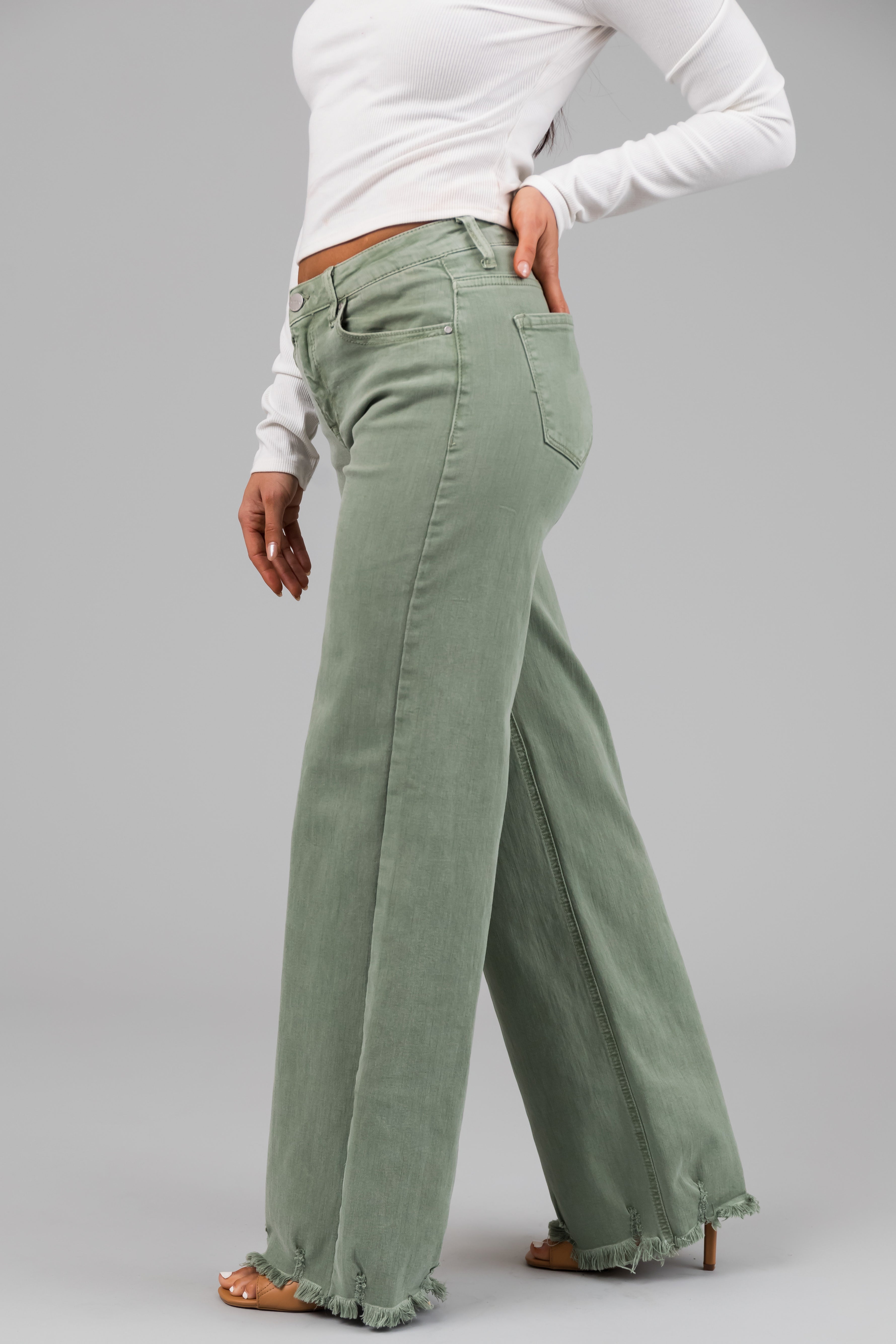 Risen Ivy Sage Wide Leg Distressed Hem Jeans