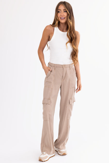 Risen Latte Wide Leg Tencel Cargo Pants