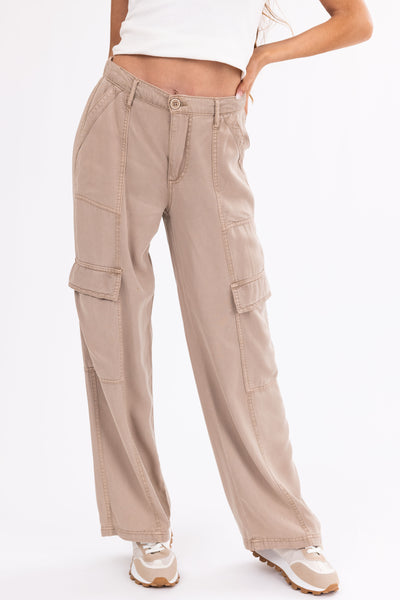 Risen Latte Wide Leg Tencel Cargo Pants