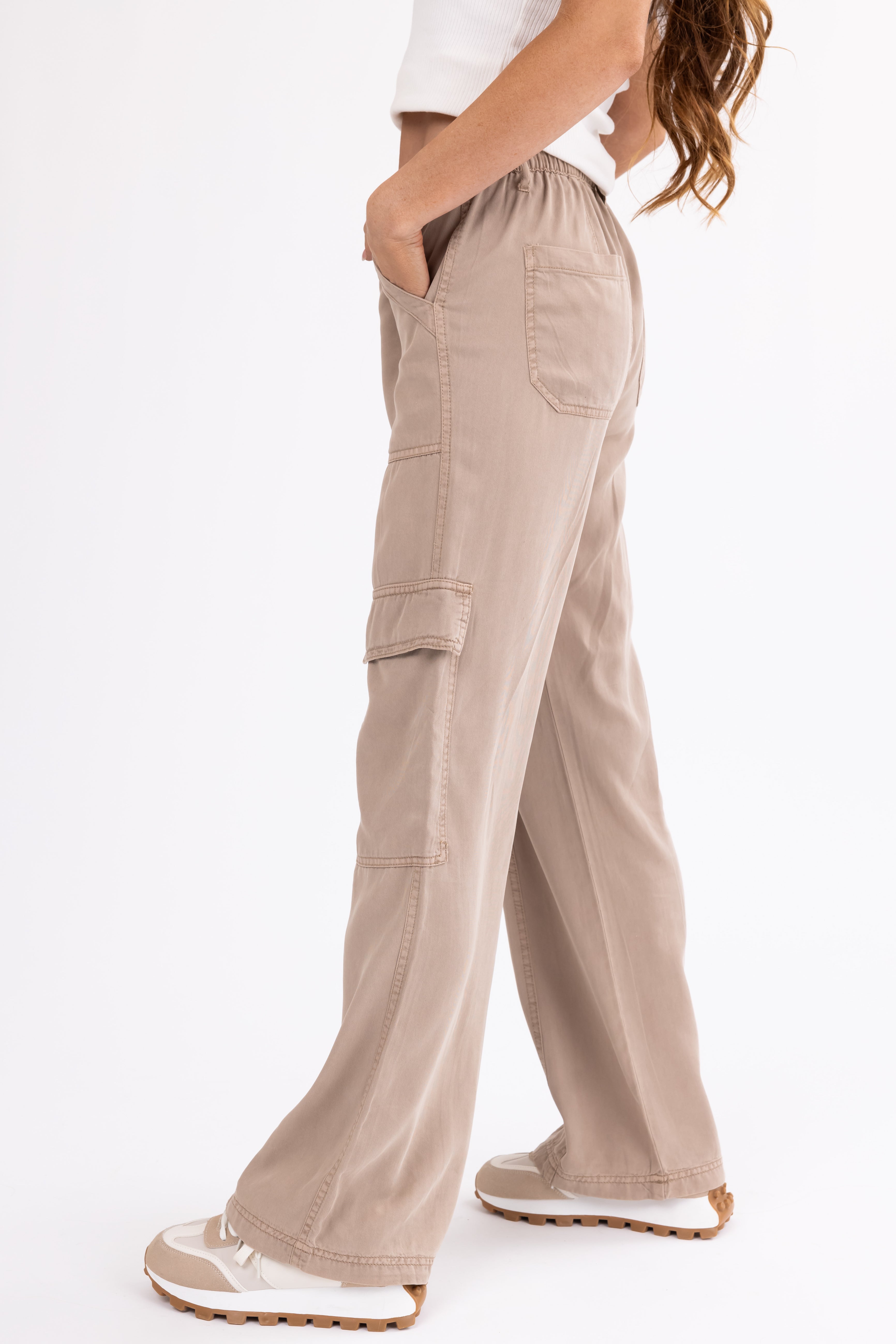 Risen Latte Wide Leg Tencel Cargo Pants