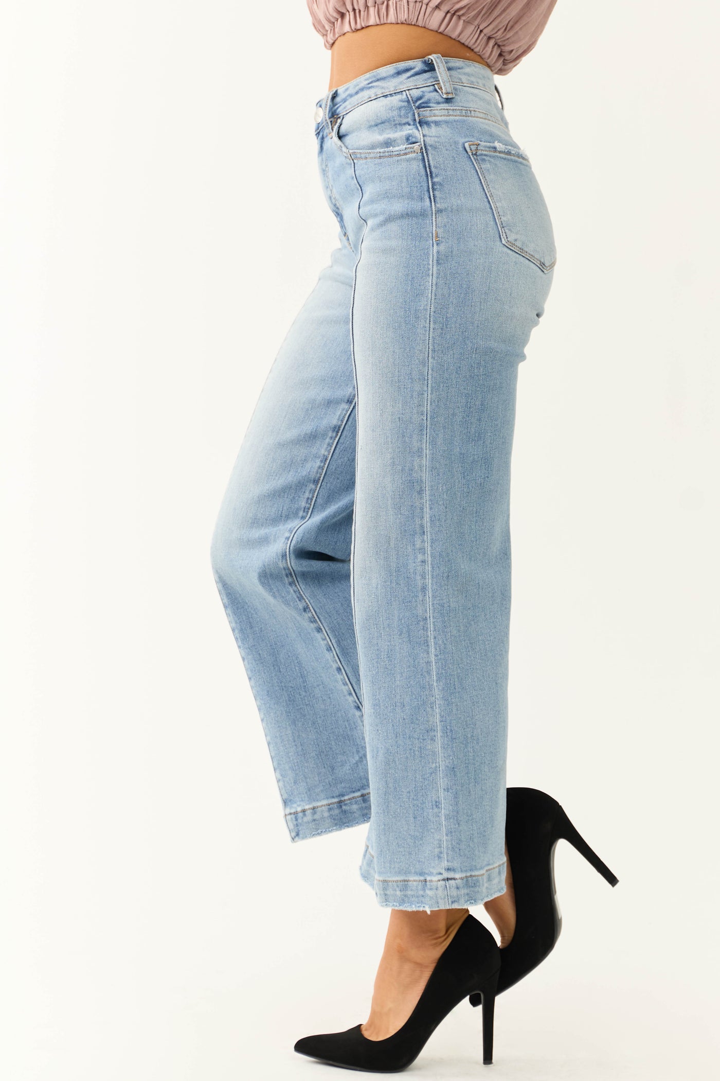 Risen Light Wash High Rise Cropped Wide Leg Jeans