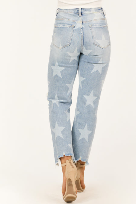 Risen Light Wash Star Print Cropped Straight Jeans