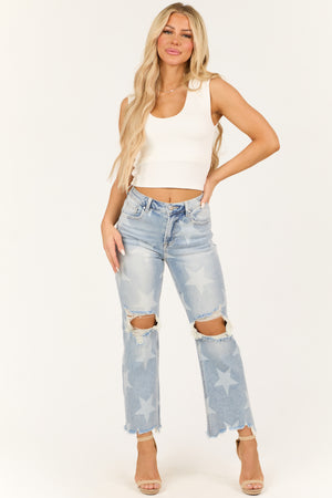 Risen Light Wash Star Print Cropped Straight Jeans