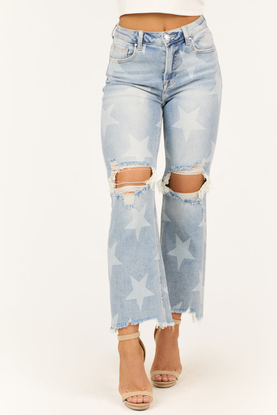 Risen Light Wash Star Print Cropped Straight Jeans