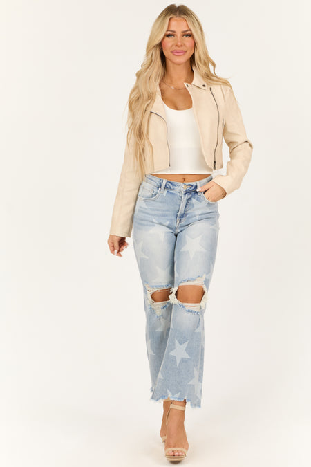 Risen Light Wash Star Print Cropped Straight Jeans