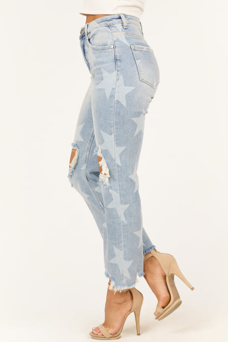 Risen Light Wash Star Print Cropped Straight Jeans