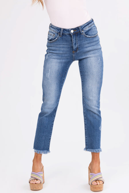 Risen Light Wash Straight Leg Frayed Hem Jeans