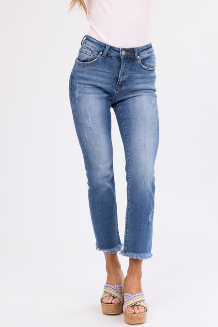 Risen Light Wash Straight Leg Frayed Hem Jeans