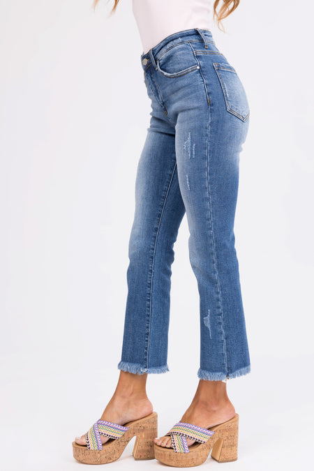 Risen Light Wash Straight Leg Frayed Hem Jeans