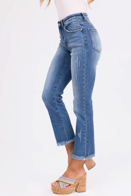 Risen Light Wash Straight Leg Frayed Hem Jeans