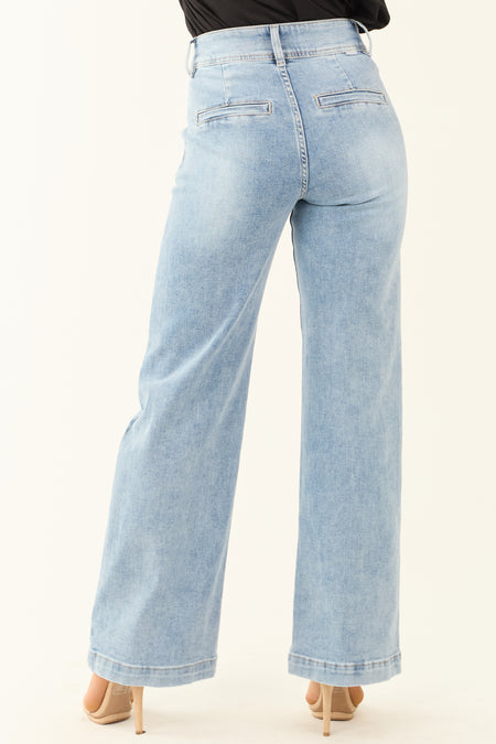 Risen Light Wash Stretchy Double Button Wide Leg Jeans