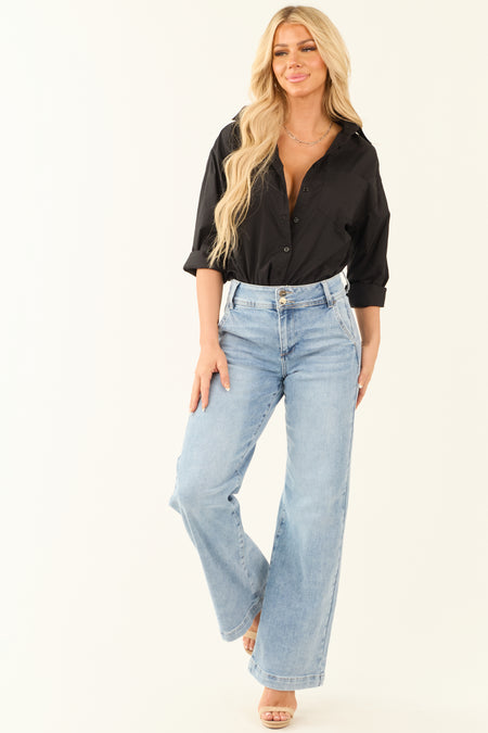 Risen Light Wash Stretchy Double Button Wide Leg Jeans