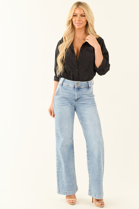 Risen Light Wash Stretchy Double Button Wide Leg Jeans