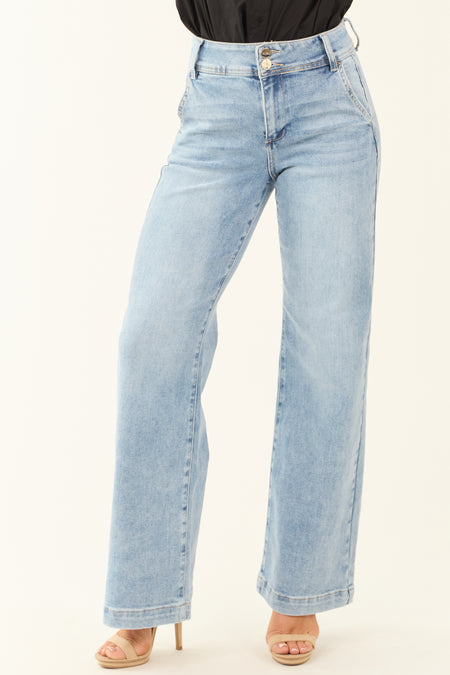 Risen Light Wash Stretchy Double Button Wide Leg Jeans