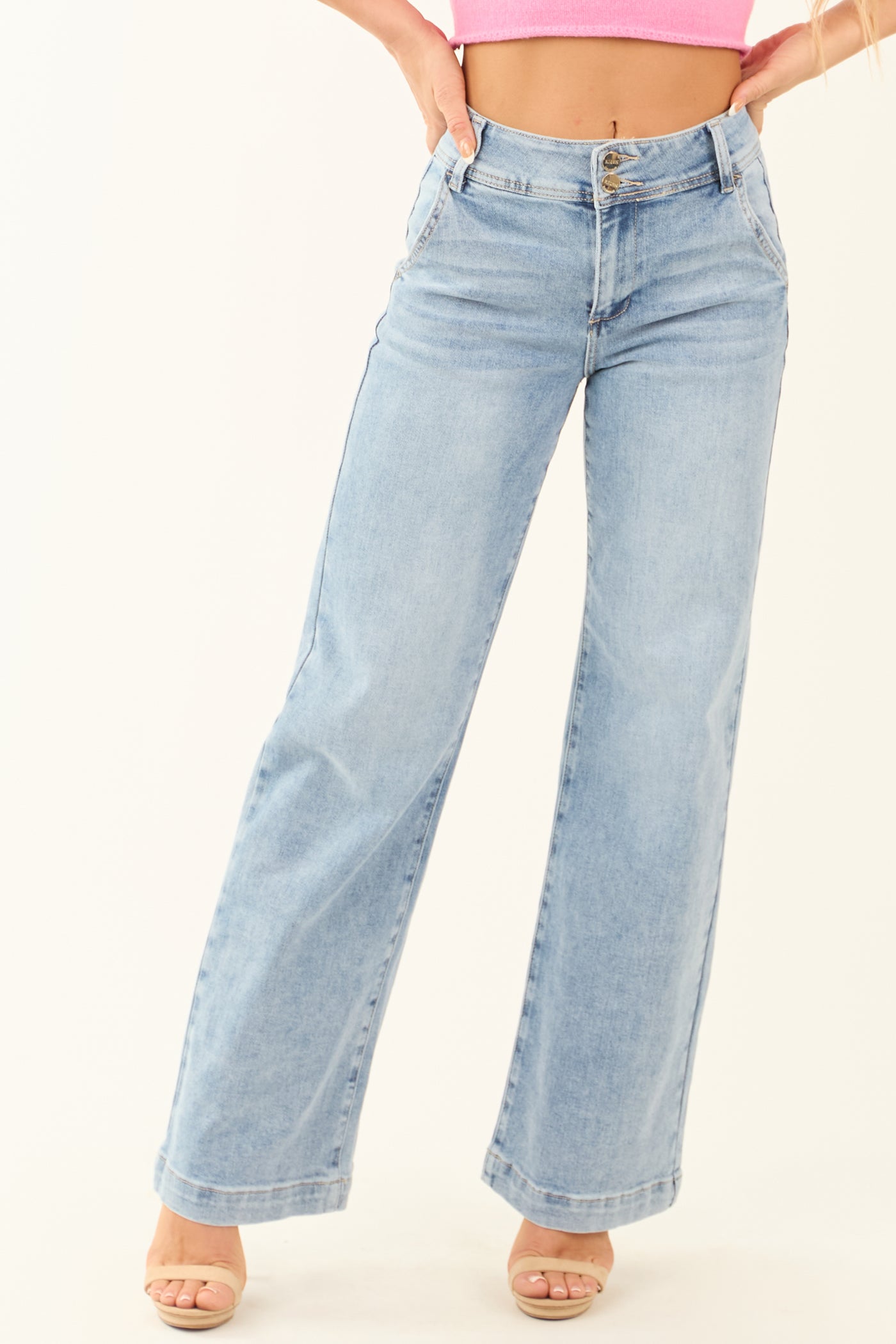 Risen Light Wash Stretchy Double Button Wide Leg Jeans