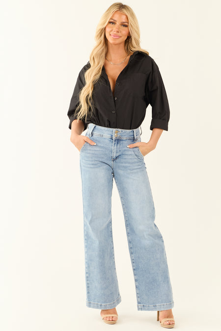 Risen Light Wash Stretchy Double Button Wide Leg Jeans