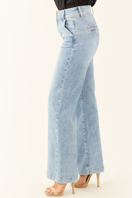 Risen Light Wash Stretchy Double Button Wide Leg Jeans