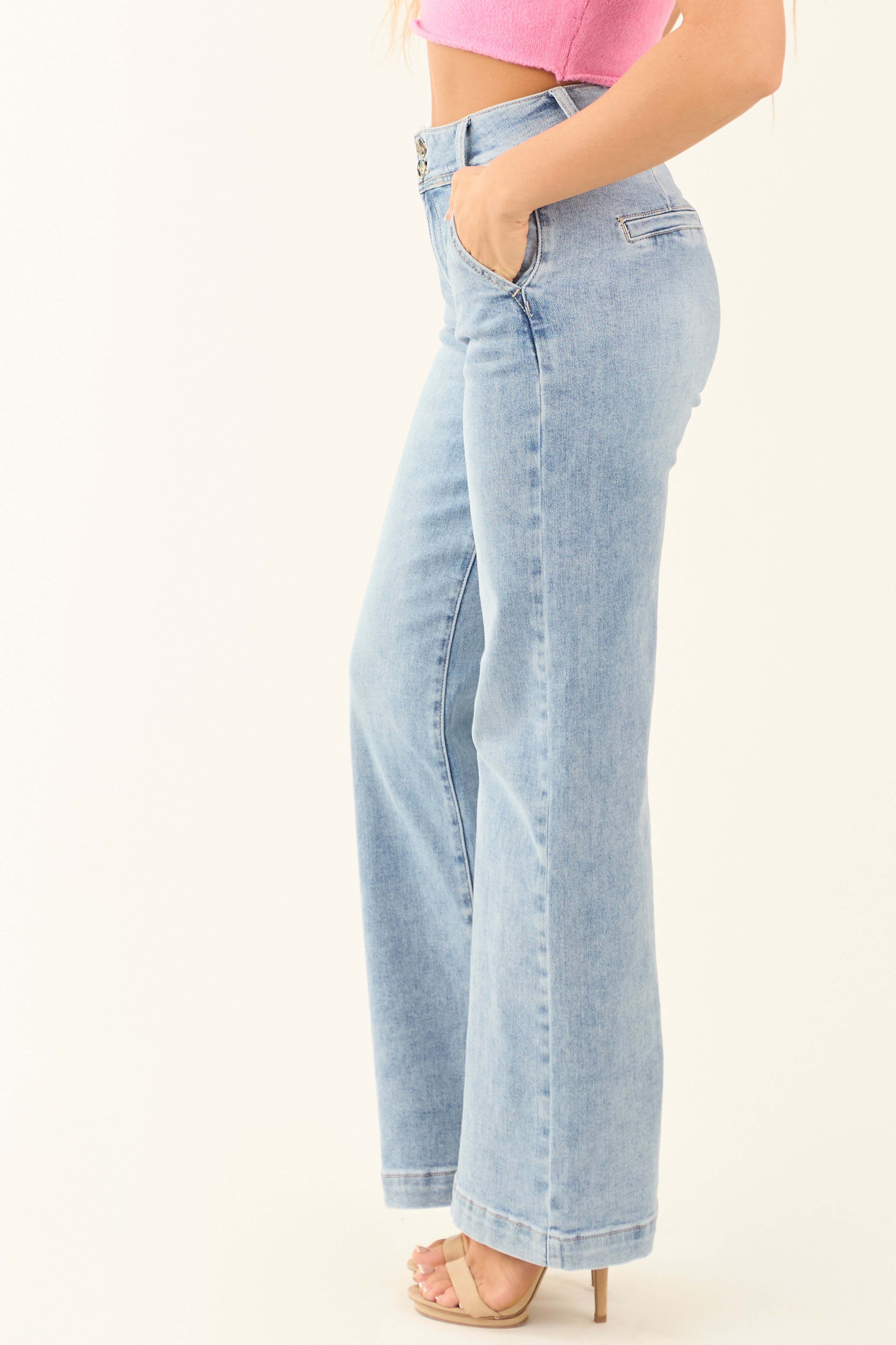 Risen Light Wash Stretchy Double Button Wide Leg Jeans