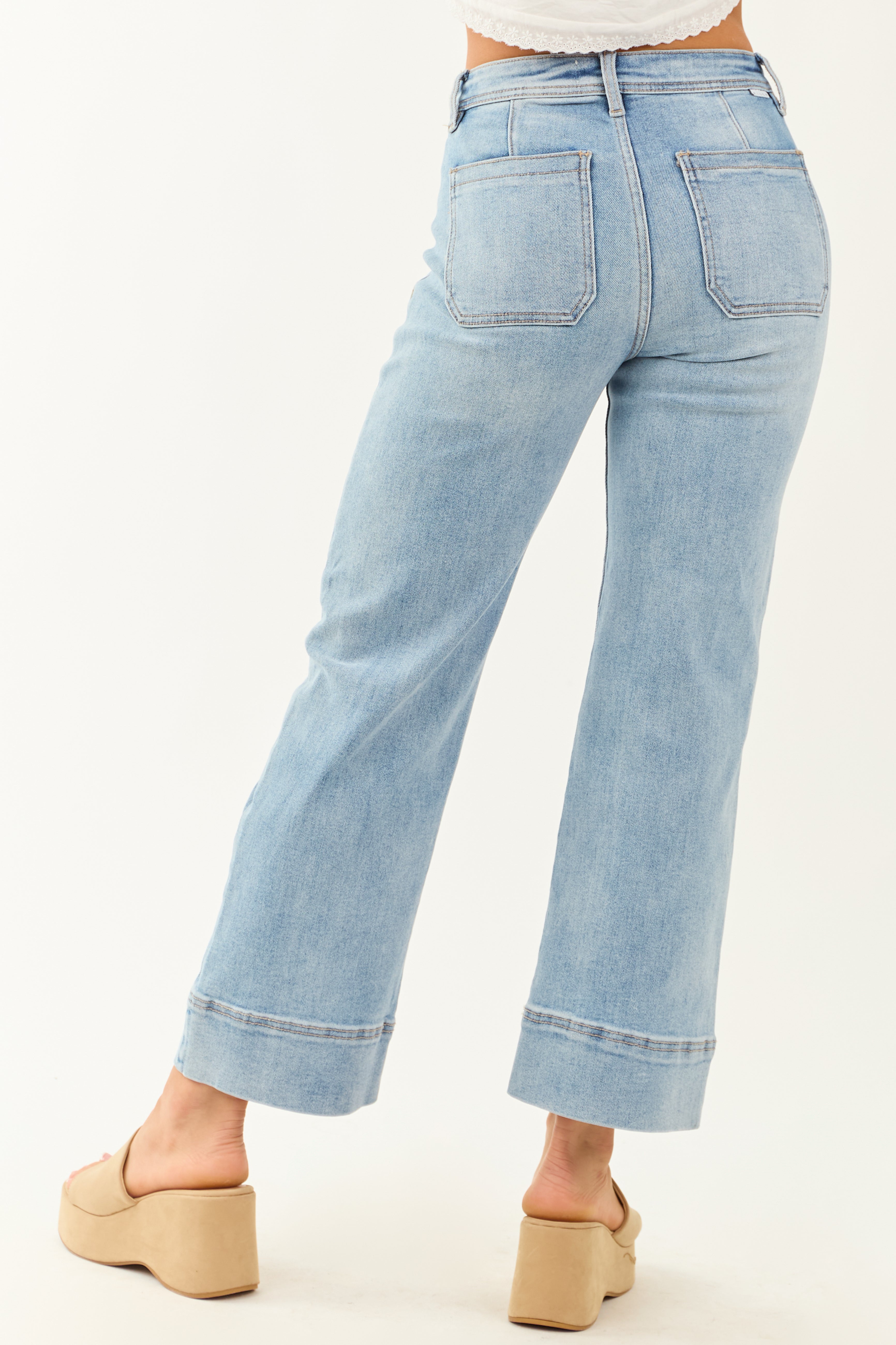 Risen Light Wash Stretchy Wide Leg Banded Hem Jeans