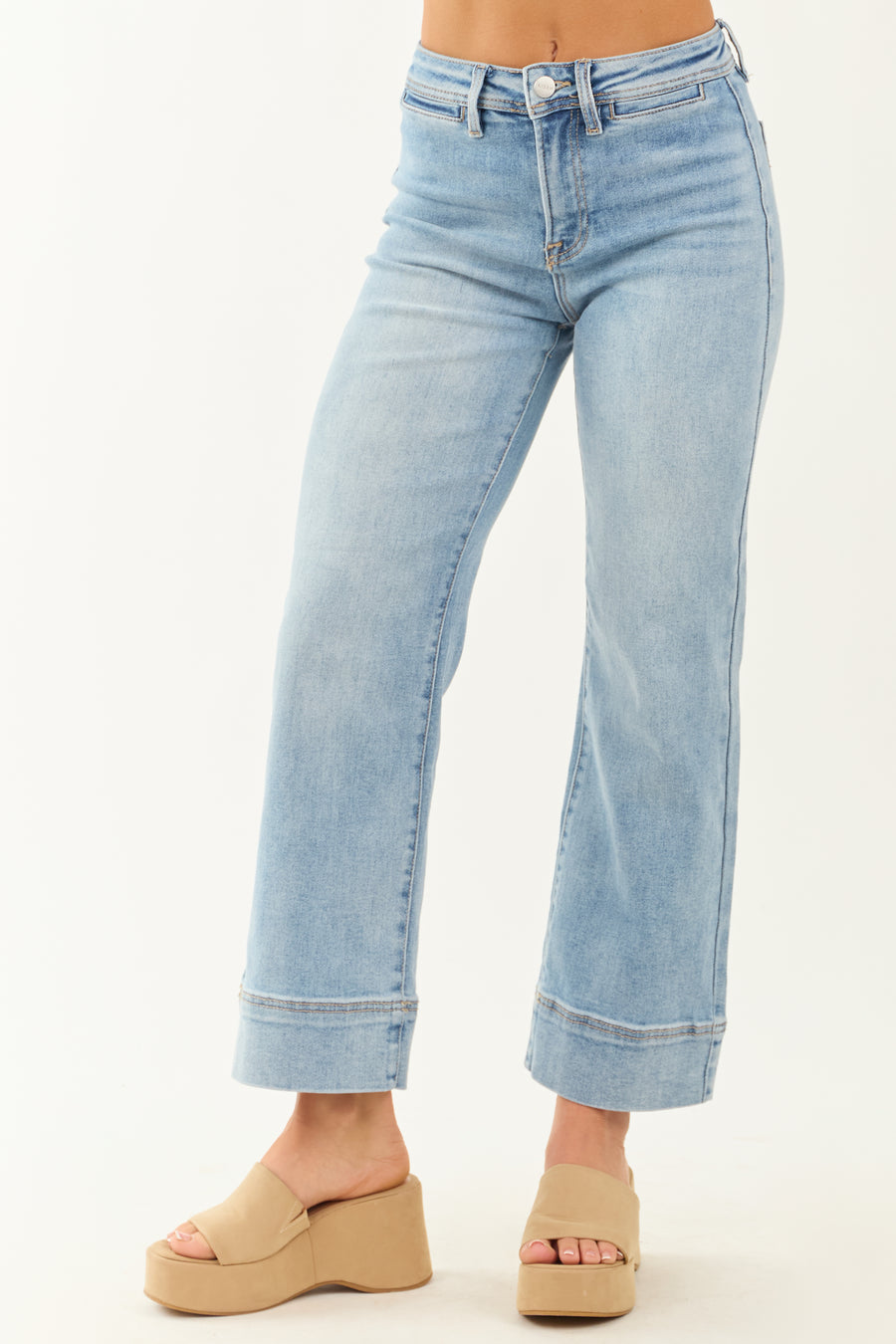 Risen Light Wash Stretchy Wide Leg Banded Hem Jeans