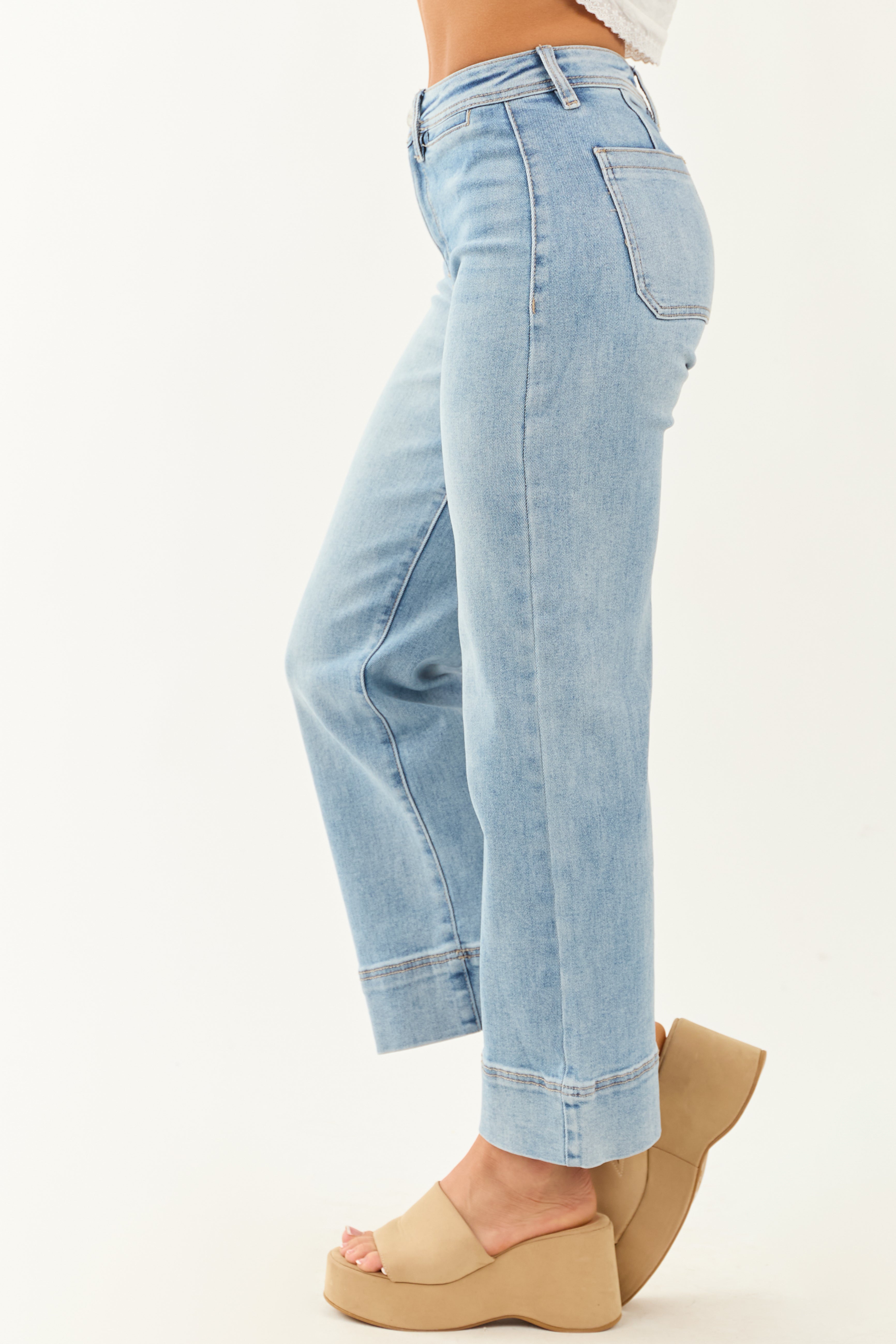 Risen Light Wash Stretchy Wide Leg Banded Hem Jeans