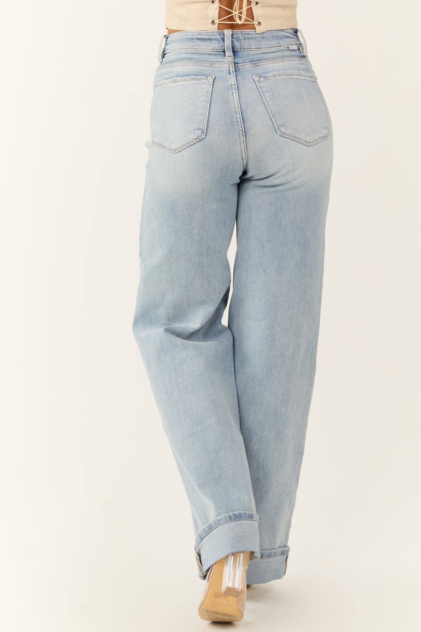 Risen Light Wash Tummy Control Wide Leg Cuffed Jeans