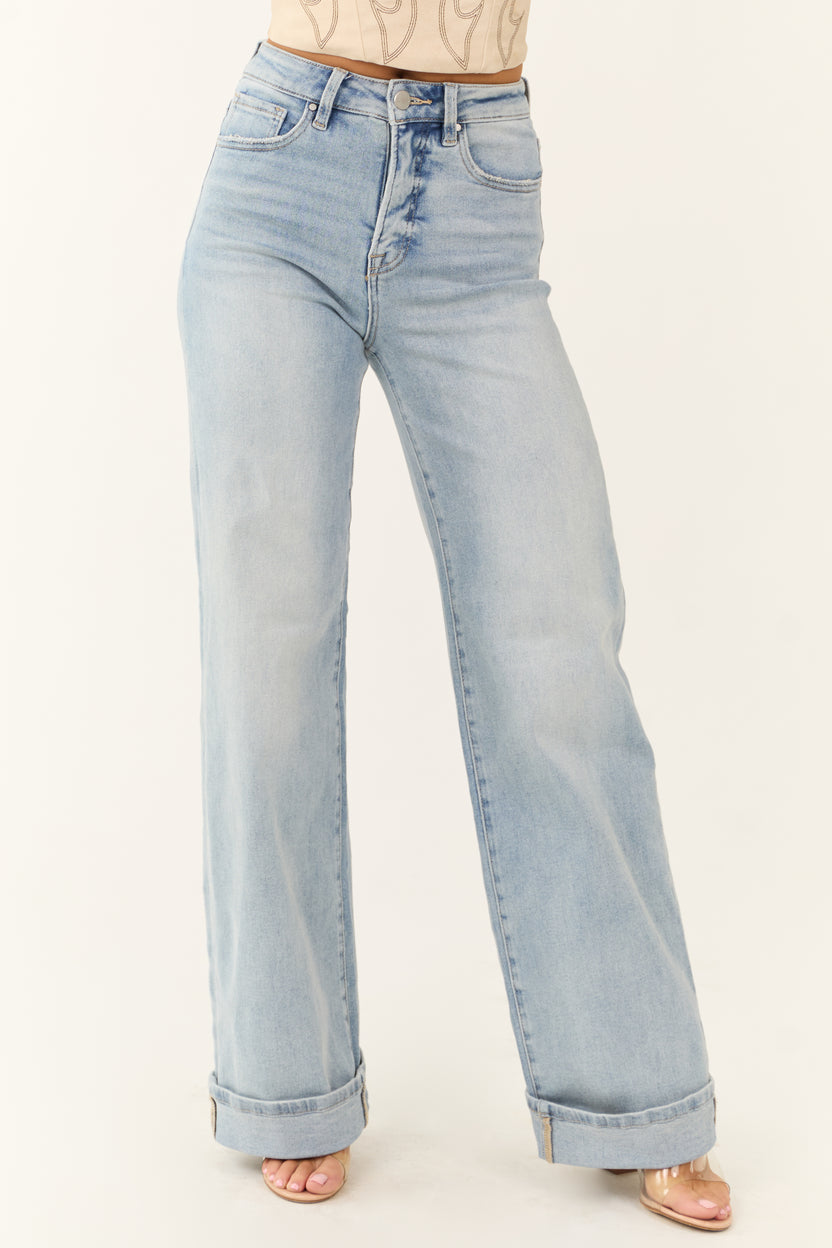 Risen Light Wash Tummy Control Wide Leg Cuffed Jeans