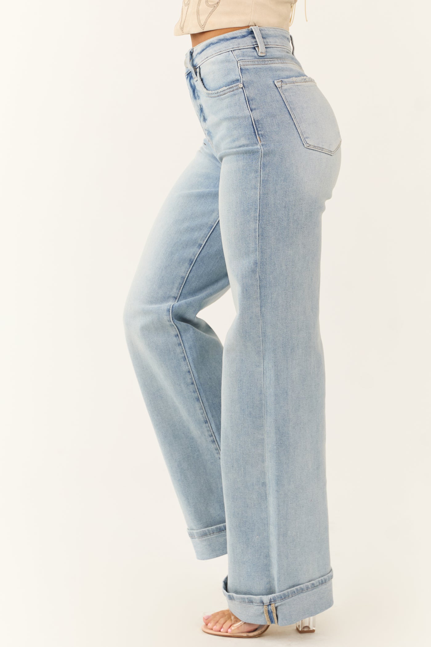 Risen Light Wash Tummy Control Wide Leg Cuffed Jeans