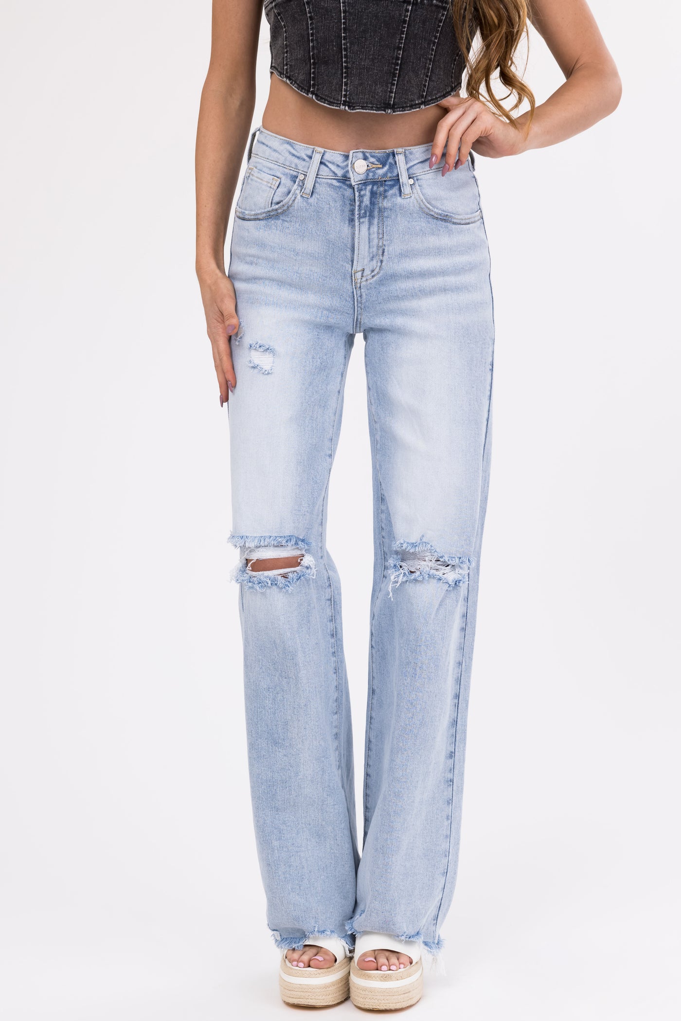 Risen Light Wash Wide Leg Ripped Jeans