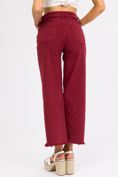 Risen Maroon Tummy Control Cropped Wide Jeans