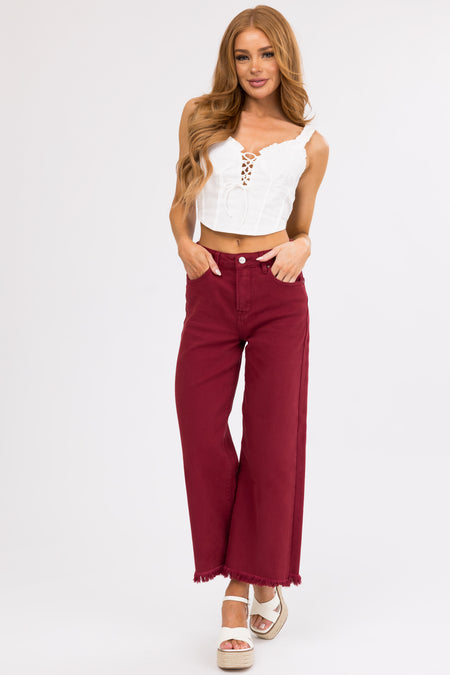 Risen Maroon Tummy Control Cropped Wide Jeans