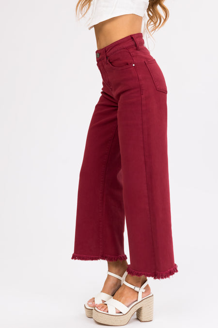 Risen Maroon Tummy Control Cropped Wide Jeans