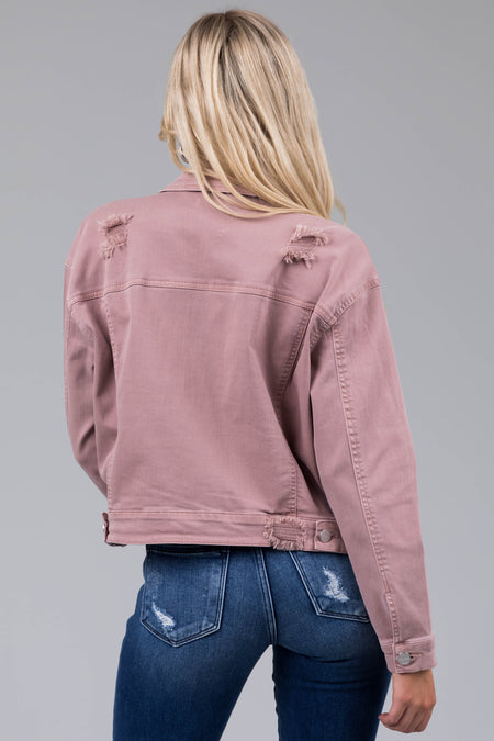 Risen Mauve Denim Distressed Button Up Jacket