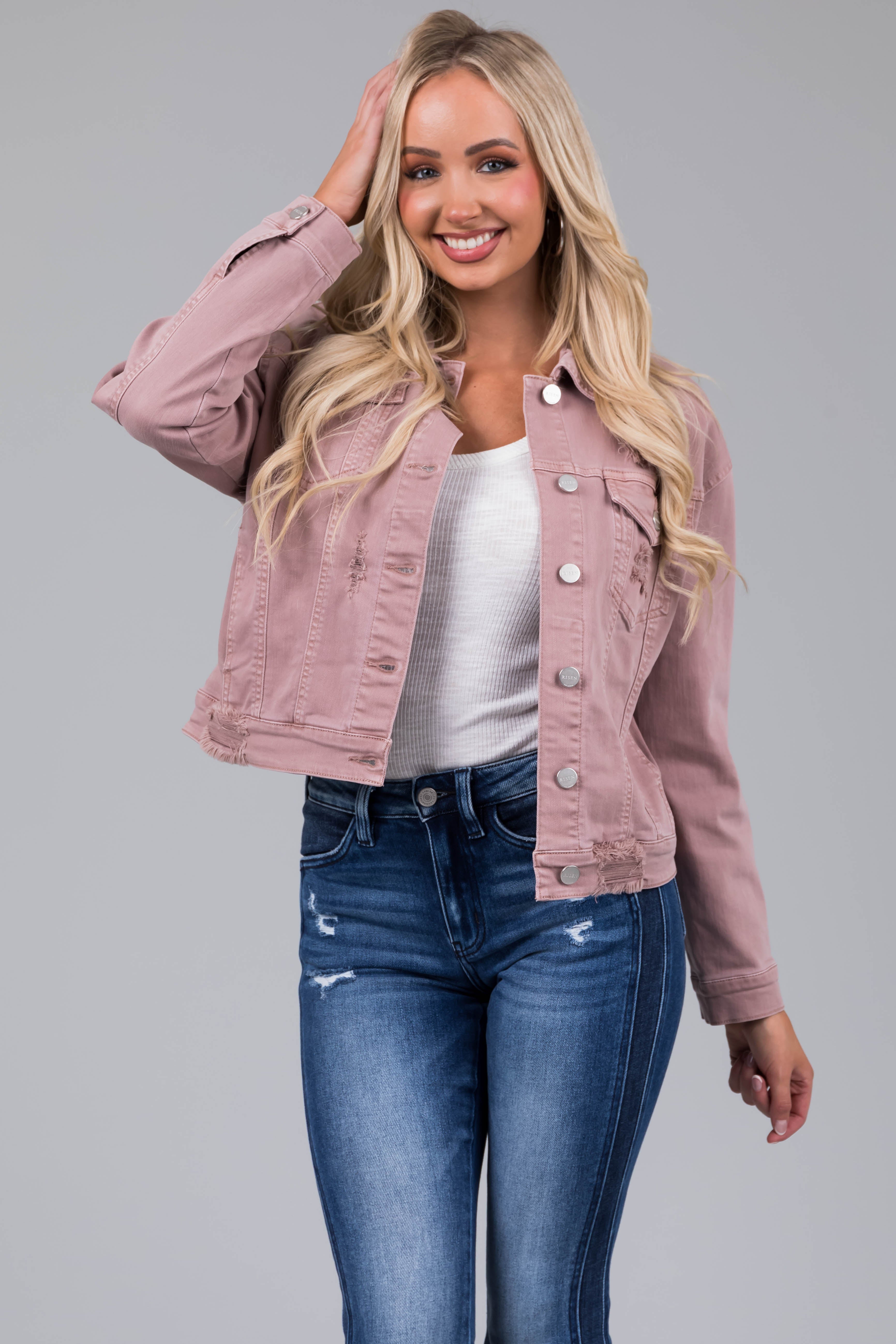 Risen Mauve Denim Distressed Button Up Jacket