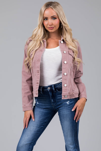 Risen Mauve Denim Distressed Button Up Jacket