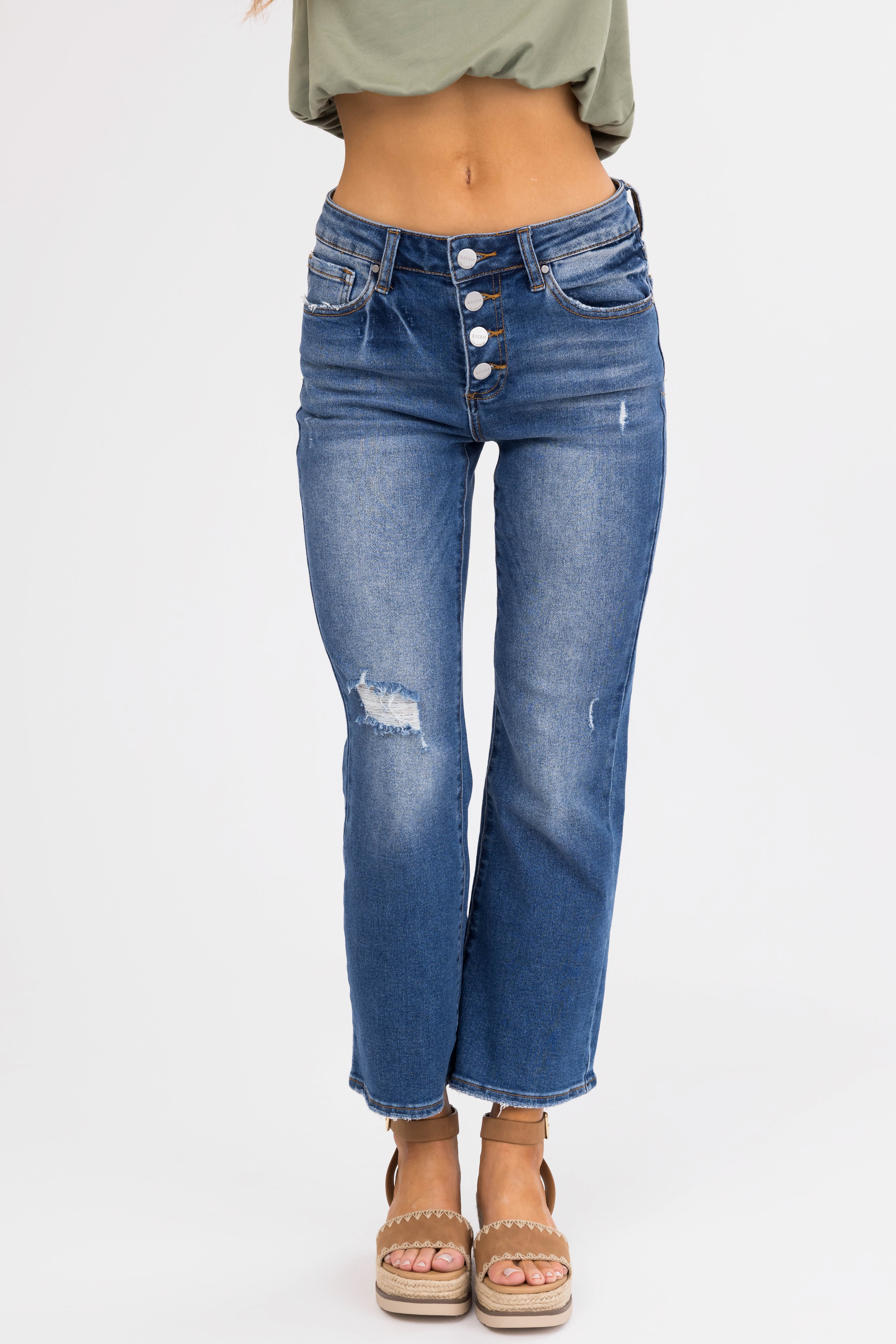 Risen Medium Wash Cropped Flare Leg Jeans | Lime Lush Boutique