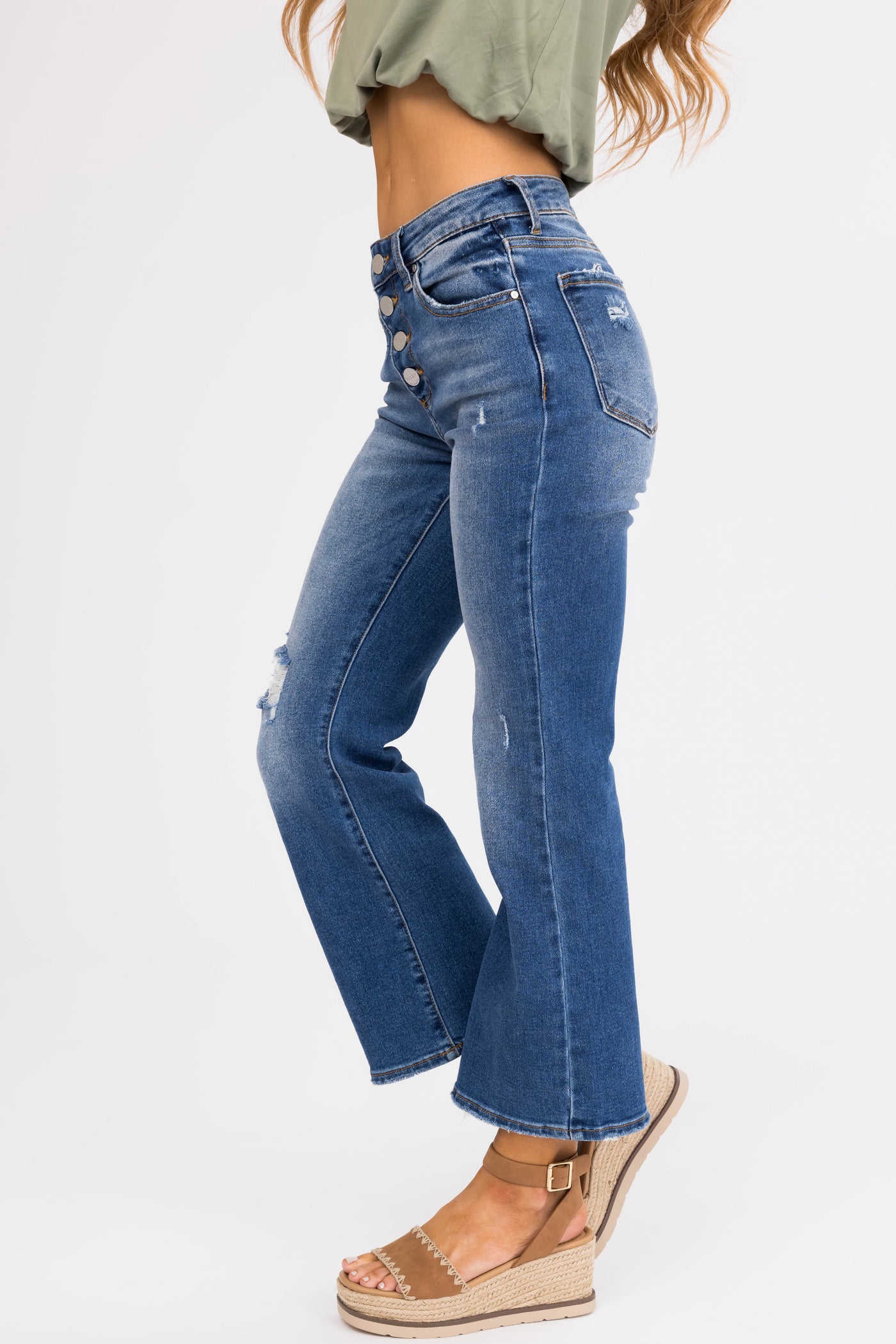 Risen Medium Wash Cropped Flare Leg Jeans