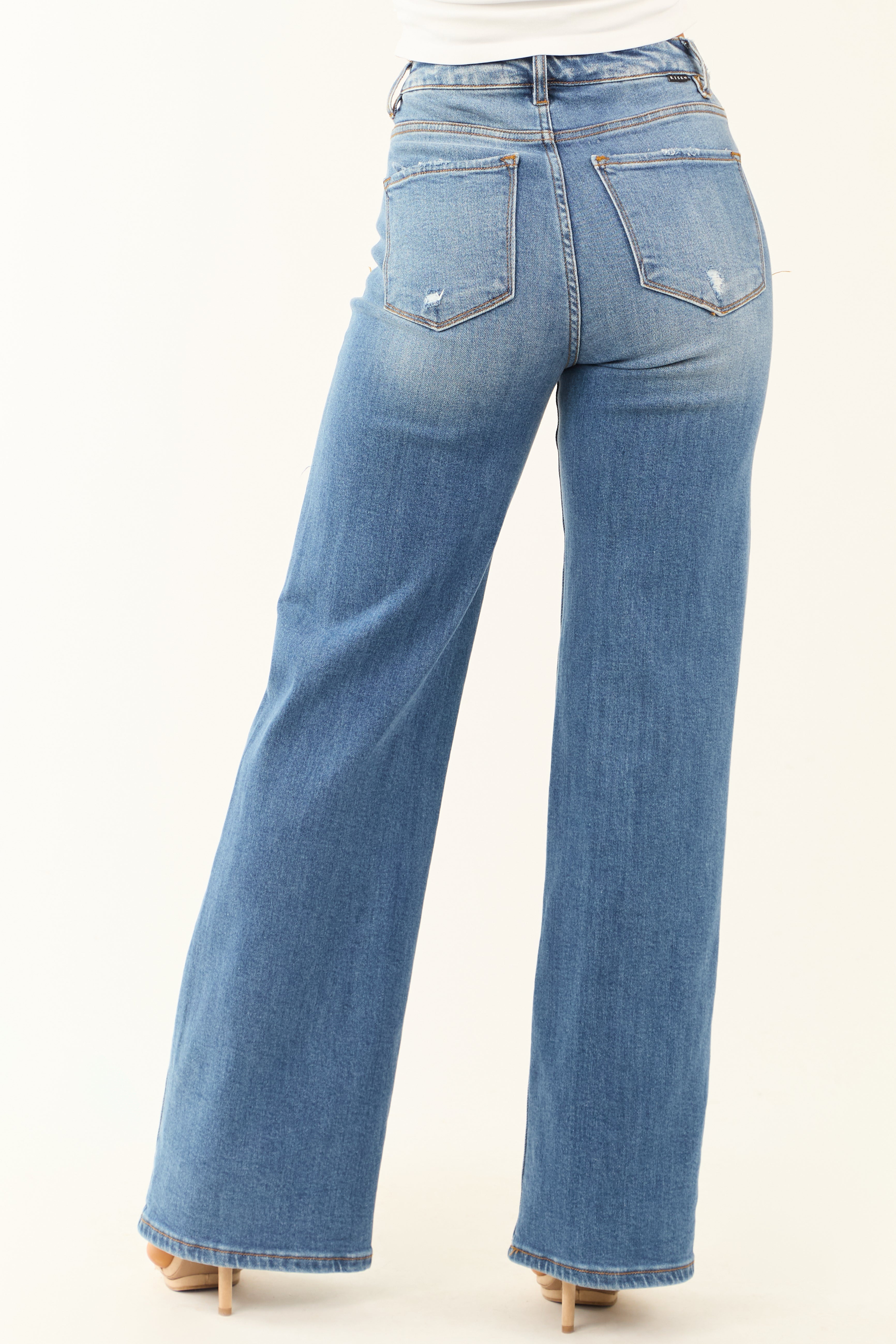 Risen Medium Wash Distressed Wide Leg Jeans