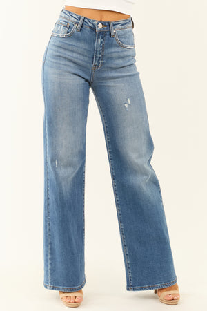 Risen Medium Wash Distressed Wide Leg Jeans