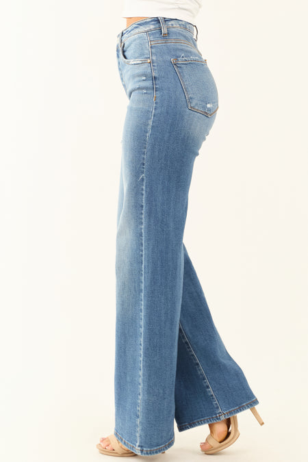 Risen Medium Wash Distressed Wide Leg Jeans