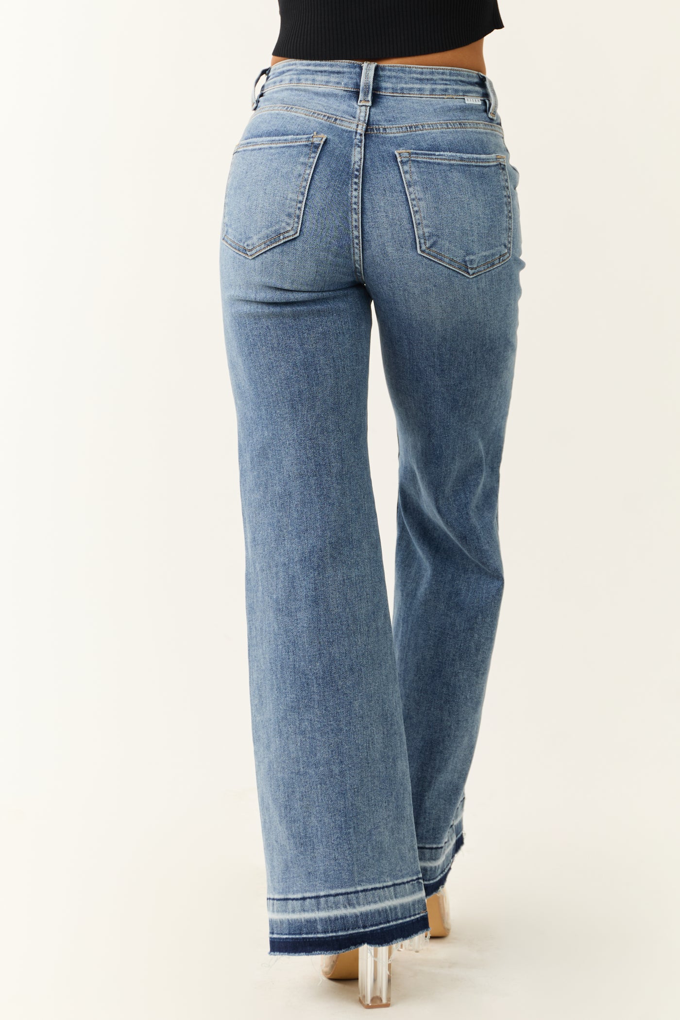 Risen Medium Wash Front Seam Wide Leg Jeans