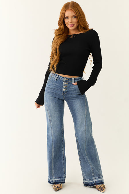 Risen Medium Wash Front Seam Wide Leg Jeans