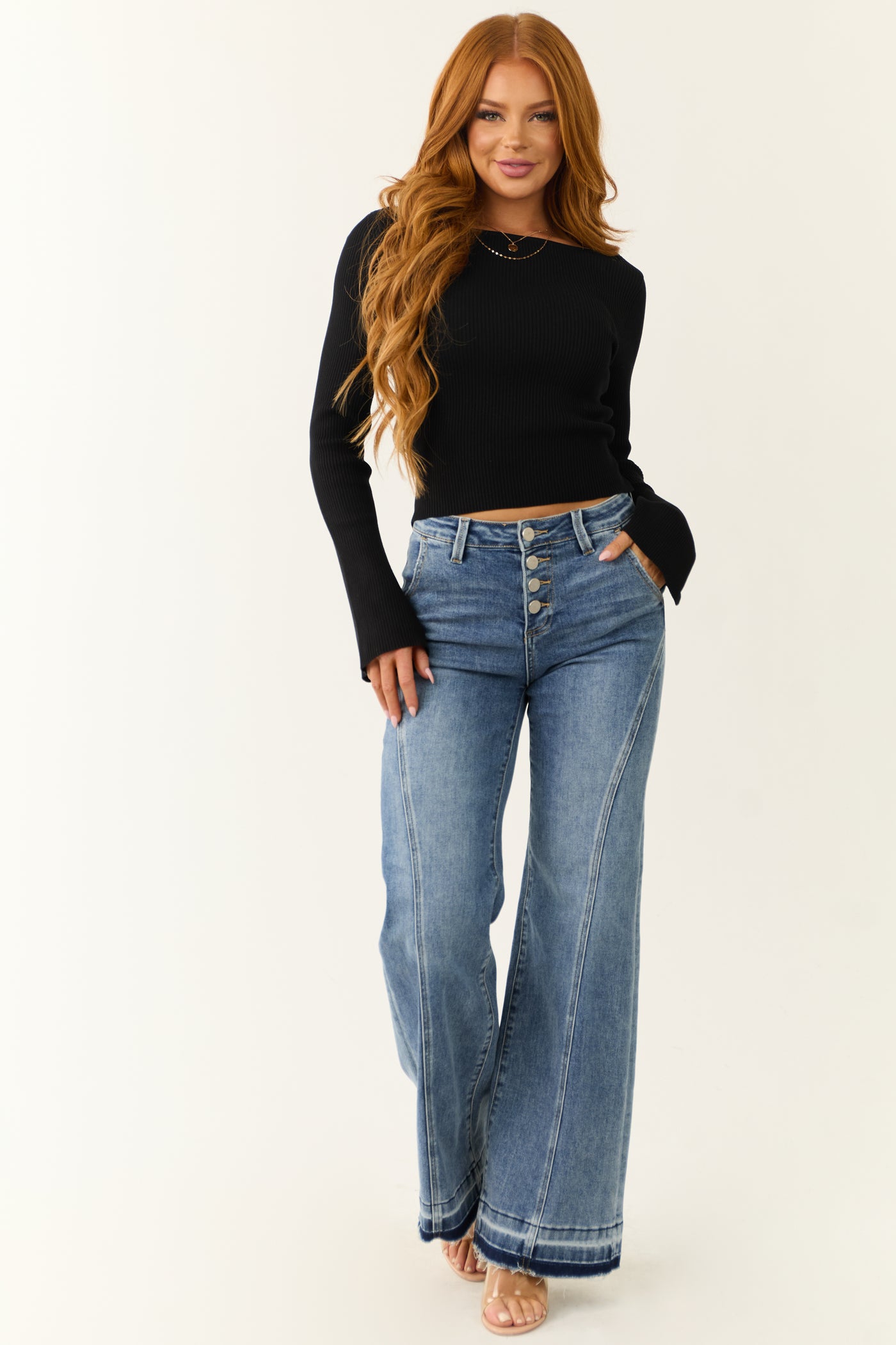 Risen Medium Wash Front Seam Wide Leg Jeans