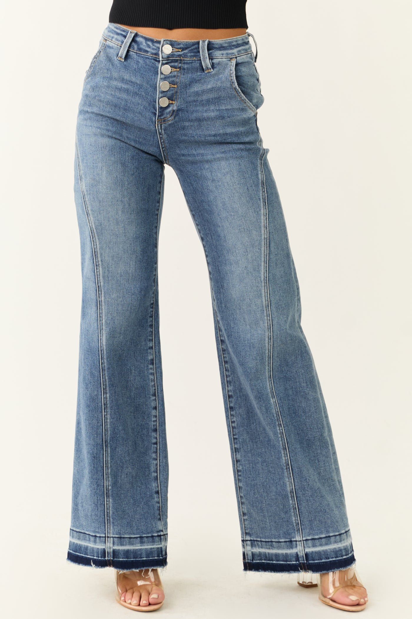 Risen Medium Wash Front Seam Wide Leg Jeans